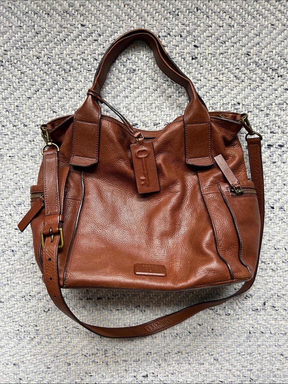 Fossil Chestnut Brown Leather Shoulder Tote with Detachable Strap